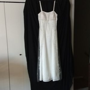 White floor length white satin with tulle overlay